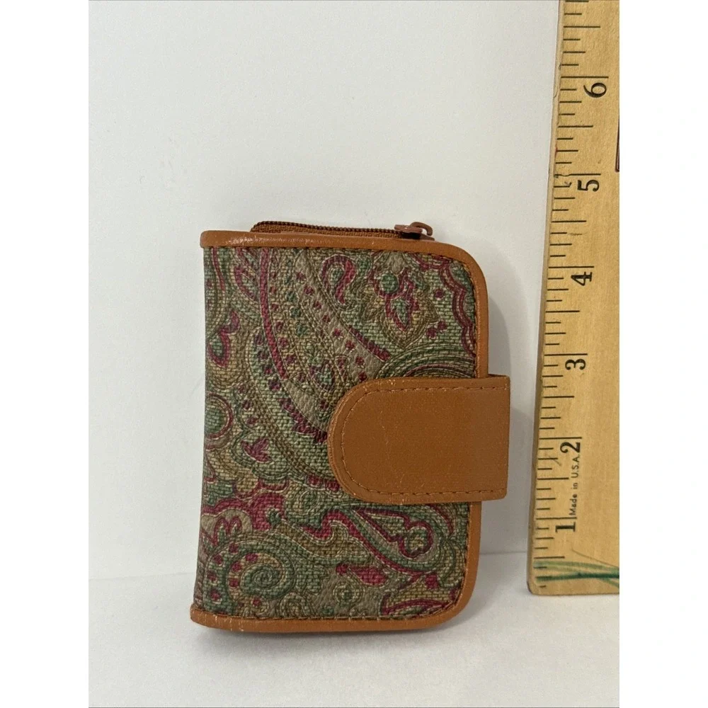 Green Paisley Fabric Wallet Womens Brown Trim Zip Closure Accessory